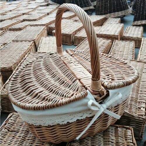Camping Picnic Willow Weaving Storage Hamper Handmade Double-Lid Wicker Basket Outdoor Fruit Holder Organizer