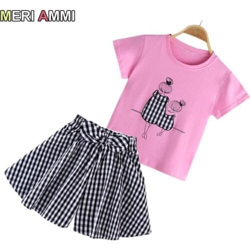 MERI AMMI 2 pcs Set Children Girl Clothing Outfit Set Floral Tee +Bow Shorts For 1-13 Year Girl