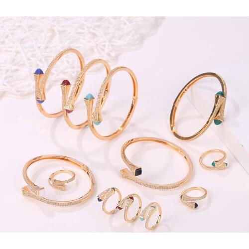 2021 New Luxury Women Unique African 2 Pcs Bracelet Ring Set Candy Design Gold Cuff Bangle Ring Wedding Dubai Bridal Jewelry Set