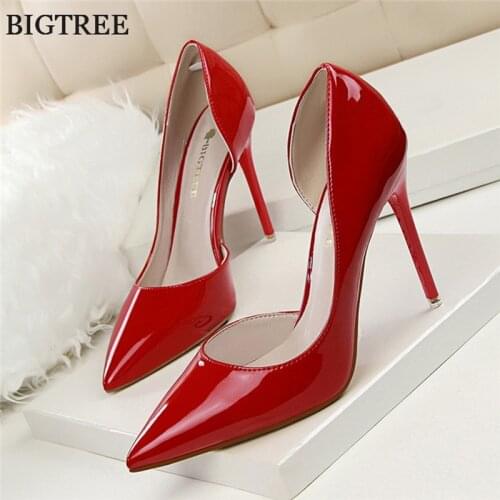 BIGTREE Shoes New Patent Leather Women Pumps Pointed Toe Fashion Office Shoes Woman Sexy Cut-Outs High Heels Womens Shoes Party