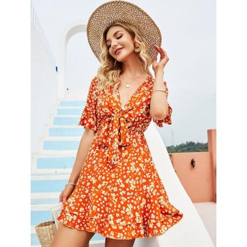 Summer Dress Women Clothing A-Line Dresses Bow Ruffles V-Neck Butterfly Sleeves Print Mini Dress For Women Vestidos Femme Robes
