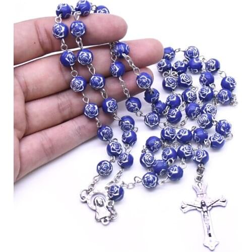 Religious Blue Flower Rose Beads Rosary Necklace Virgin Mary INRI Crucifix Christ Cross Pendant Pray Jewelry Confirmation Gifts