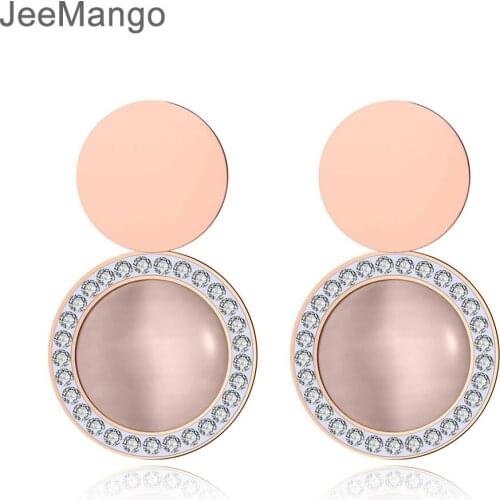 JeeMango Trendy Stainless Steel Geometry Round Opal Earrings For Women Rose Gold Rhinestone Ear Jewelry For Wedding Gift E19063