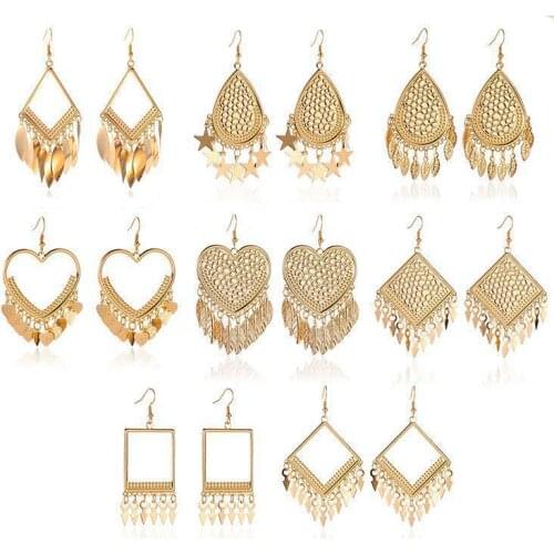 Ethnic Earing New Exaggerated Geometric Drop Earrings For Women Metal Earing Water Drop Heart Leaf Gold Color Earrings Jewelry