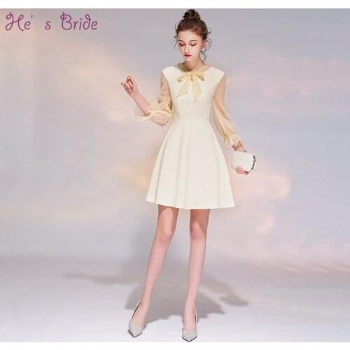 Hes Bride Champagne Bridesmaid Dress Round Collar Bowknot Seven-minute Sleeve Mini Dresse Zipper Back Party Gown Formal Dresses