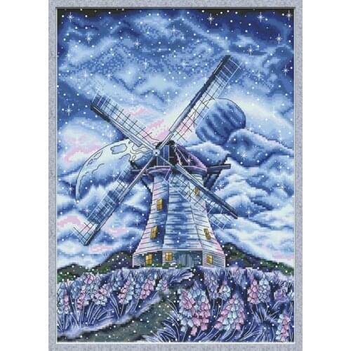 Windmill Under The Stars Cross Stitch Patterns Embroidery Kits Printed Fabric 11CT 14CT DIY Needlework Home Decoration Paintings
