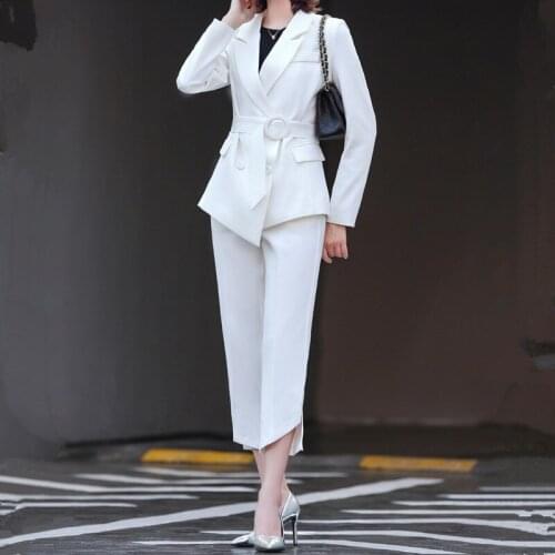 High quality plus size womens business suit pants two-piece white black ladies office double breasted jacket Slim trousers