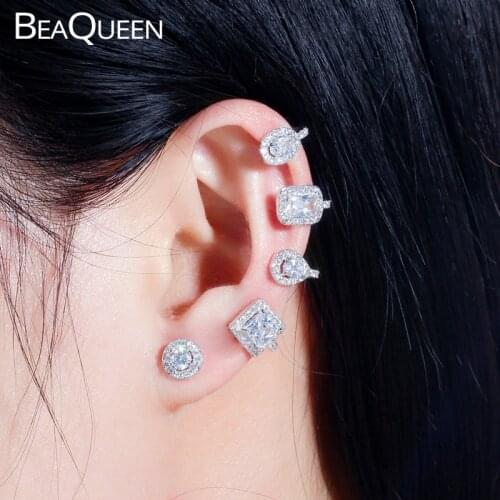 BeaQueen Unique Asymmetrical Design Long Ear Cuff Earrings Square Round Cubic Zirconia Crystal Women Jewelry Accessories E393