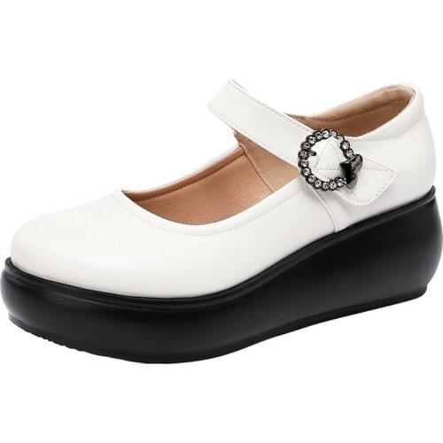 Plus Size 32-43 Platform Shoes Women Mary Janes 2020 Autumn Buckle High Heels Pumps Woman Wedges Shoes Leather Shoe for Mother