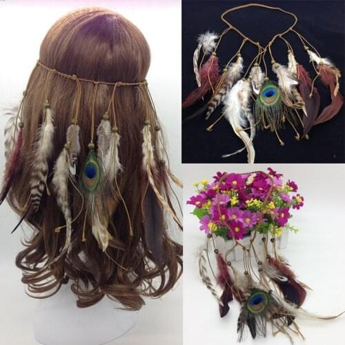 Bohemian Style Indian Feather Headband Headdress Hair Rope Headwear Tribal Hippie Handmade Hair Accessories for Women 18