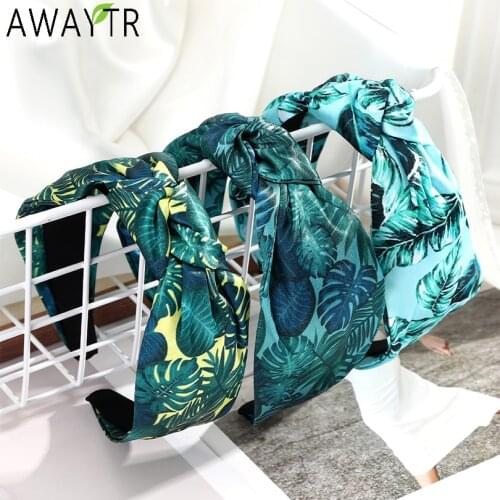 AWAYTR Wide Bezel Top Knot Headband for Women Bow Leaf Printing Hairband Cross Hair Hoop Bands Tie Fashion Accessories Headdress