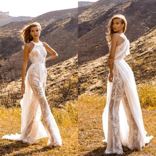 A Line Boho Wedding Dress High Fashion Women Jumpsuits with Lace Applique Sequined robe de mariee Custom Made Bridal Gowns