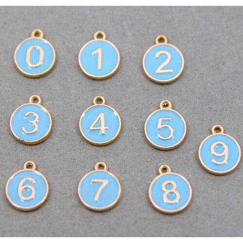 10PCs 12*15mm Zinc Based Alloy Blue Enamel Charms Pendant Round Gold Color DIY Findings White Number Message " 0~9 "