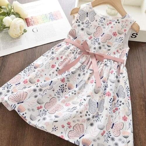 100% Cotton Floral Girl Dresses Cute A-Line Sleeveless Bow Slim Princess Children Clothing For 4-8Y