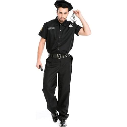 2016 Black Adult Costume Mens Police Clothes Jumpsuit Cosplay Party Stage Performance Costumes Cop Uniform Costume With Hats