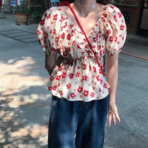 Blouses Women Printing Floral Sweet Crop Top Mujer Holiday Summer College Loose High Quality Soft Ulzzang Trendy Popular Simple