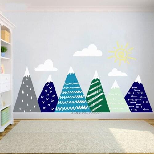 Large Mountain Mural Woodland Baby Room Wall Sticker Decal Sun Cloud Family Kids Nursery Room Decor BA538