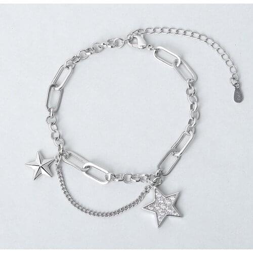 Korean 925 Sterling Silver Crystal Star Charm Bracelet &Bangle For Women Girls Wedding Jewelry sl275
