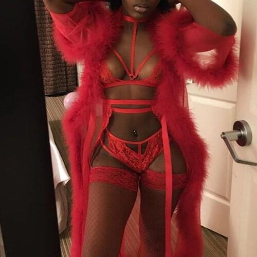 Red Sexy Lace Long Fur Robe Dress Women Sleepwear Lingerie Bathrobe Nightwear Underwear Babydoll Fur Maxi Dress
