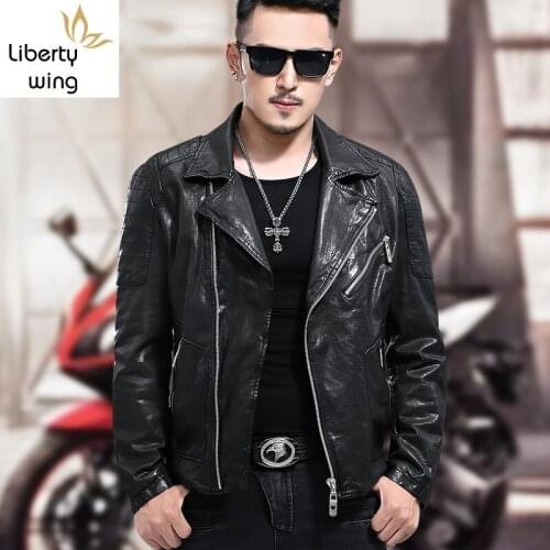 High Quality Mens Genuine Leather Sheepskin Jackets Motorcycle Fashion Long Sleeve Zippers Lapel Slim Fit Male Outerwear Coats
