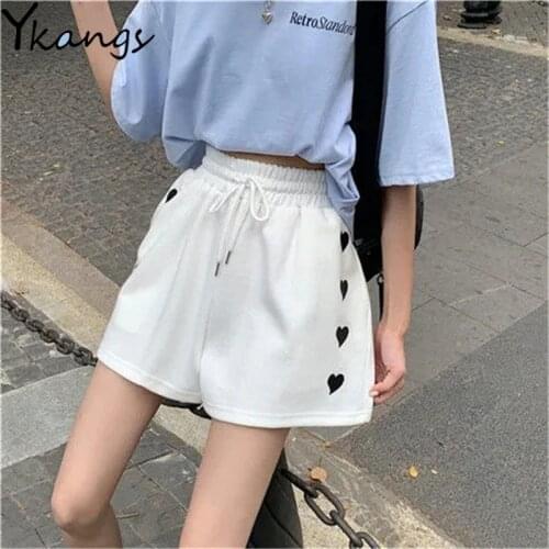 Summer Heart Embroidery High Waist Shorts Korean Style College Style Slim Women Sports Shorts Lady Home Breathable Casual Shorts