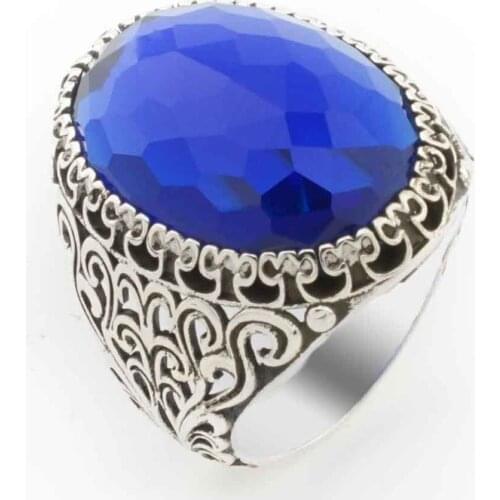 Blue Big Oval Zircon Cubic Zirconia Men 'S Silver Ring