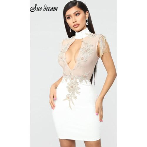 2021 Summer New Womens Bandage Fringe Dress Vestido Sexy White Diamond Openwork O-Neck Dress Bodycon Club Party Christmas Dress