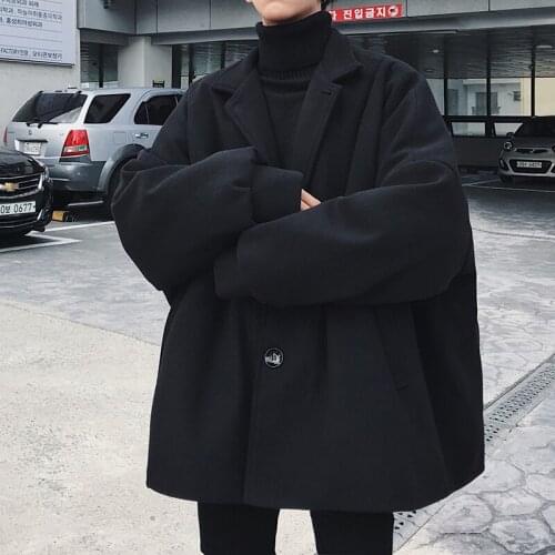 Autumn Winter Mens Wool Blends Overcoat Casual Black Khaki Woolen Men Coat Single Breasted Loose L06