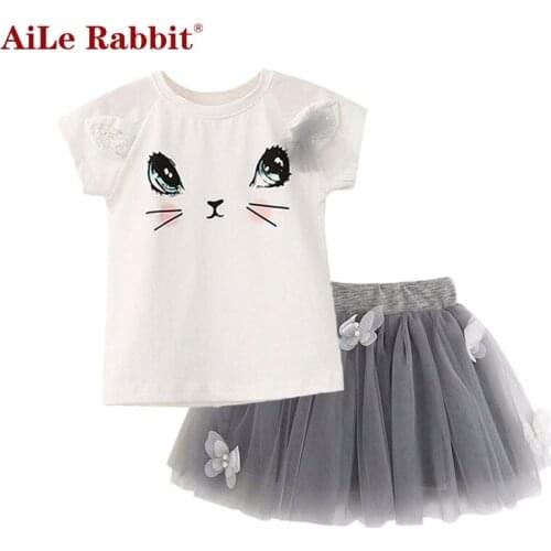 AiLe Rabbit Girl Dress New Summer Casual Style Cartoon Kitten Printed T-ShirtsNet Veil Dress 2Pcs for Girls Clothes 2-6Y k1
