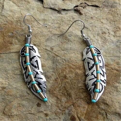 Vintage Metal Leaf Feather Long Dangle Earrings For Women Indian Tribal Antique Silver Color Turquoises Hook Earrings Jewelry