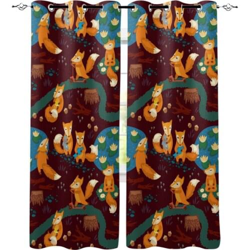 Yellow Fox Joy Window Curtains Cartoon Living Room Kitchen Curtains for Bedroom Left and Right Biparting Open Curtains