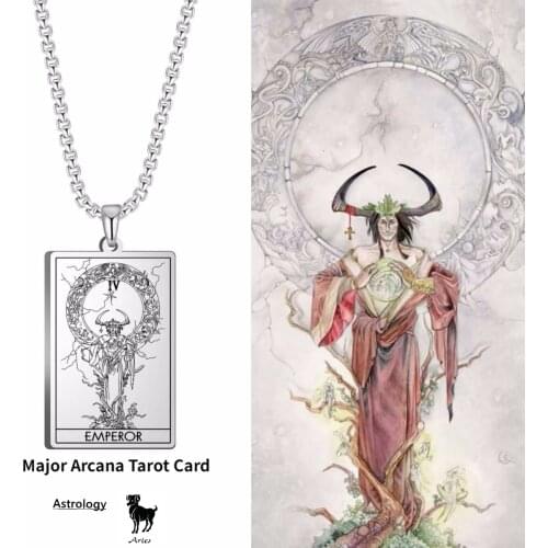 Major Arcana Tarot Card Emperor Pendant Necklaces Vintage Stainless Steel Amulet Charms Chain Witchcraft Zodiac ARIES Jewelry