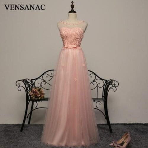 VENSANAC 2018 Flowers Pearls Illusion O Neck A Line Long Evening Dresses Party Lace Bow Sash Backless Prom Gowns