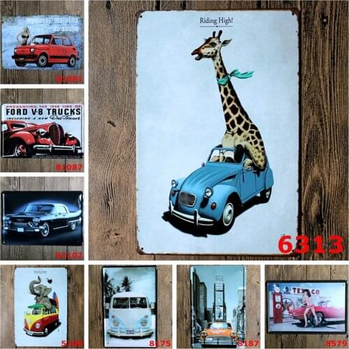 Vintage Metal Tin Sign of Riding High! Giraffe Elephant Animal Driving The Retro Car Classic Garage Bar Wall Iron Decoration