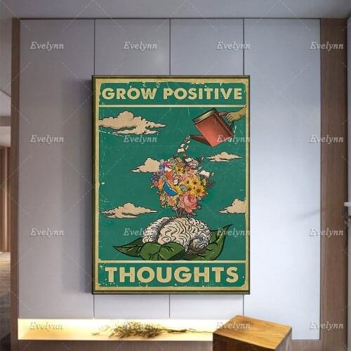 Mental Grow Positive Thoughts Vintage Poster, Mental Health Awareness Wall Art Prints, Pot Head Girl Canvas, Home Decor