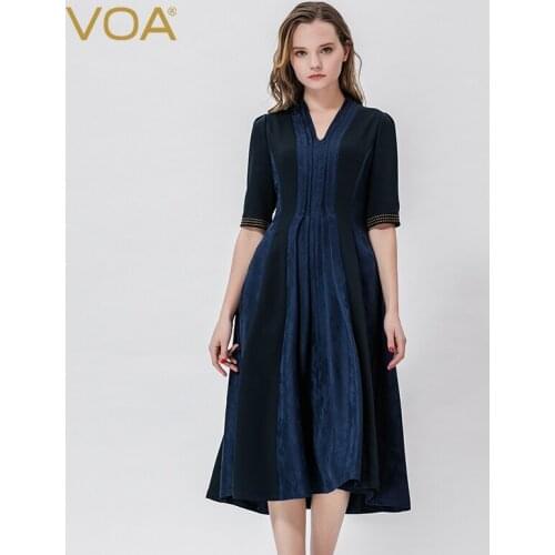 VOA V-neck Bright Line Decoration Half Sleeve Streetwear A-Line Office Lady Silk Dress A10277 Summer Casual Dresses For Women