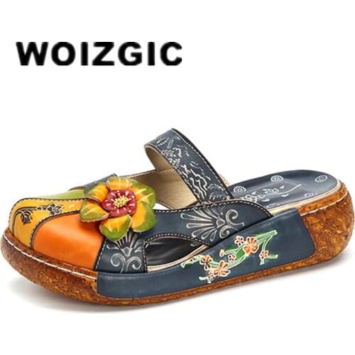 DONGNANFENG Women Female Mother Ladies Genuine Leather Flower Shoes Sandals Slippers Outsize Summer Ethnic Plus Size 41 42 SFY-1