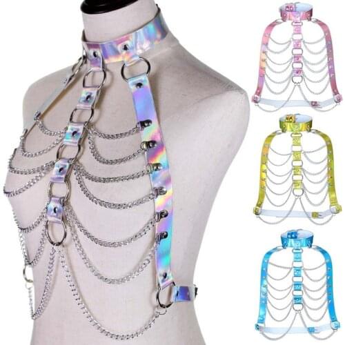 Holographic Body Chain Harness Top Punk Women Holo Rainbow Waist Jewelry Festival Rave Outfit Designer Belt Women