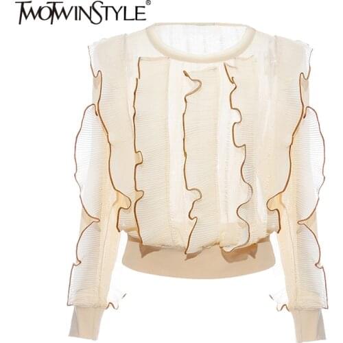 TWOTWINSTYLE Patchwork Ruched Chiffon Shirt For Women O Neck Long Sleeve Casual Blouse Female 2020 Fashion New Clothing Summer