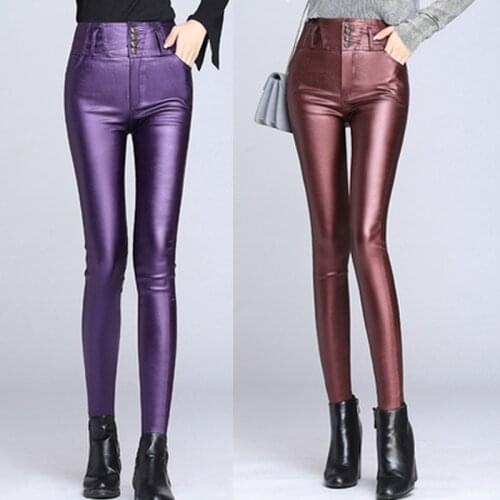 Fall Winter Fashion Womens Ladies Wine Red Blue Purple Black High Waisted Stretch Leather Pencil Pants , Woman Elastic Trousers