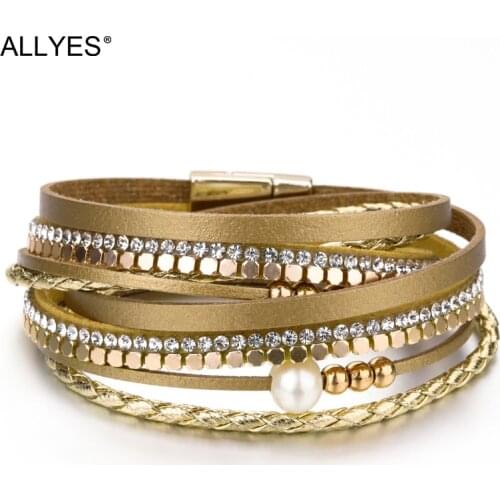 ALLYES Leather Bracelet Woman Boho Pearl Crystal Metal Beads Braided Rope Wide Multilayer Wrap Bracelets For Women Jewelry