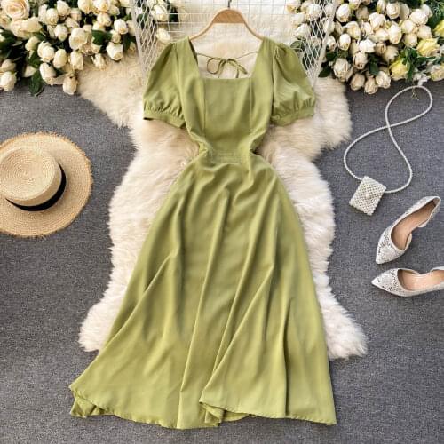 2021 Spring French Retro Vestidos Womens Square Collar Puff Sleeve Slim Slimming Pure Color Temperament Midi Dress C670