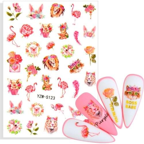 1 Sheet Flamingo Rainforest Nail Art stickers Colorful Flowers Leaves Lion Animal Nails Decoration Decals