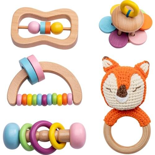 5Pcs Crochet Animal Rattle Toys For Newborn Baby Montessori Toddler Toy Grip DIY Crochet Rattle Soother Bracelet Teether Toy Set