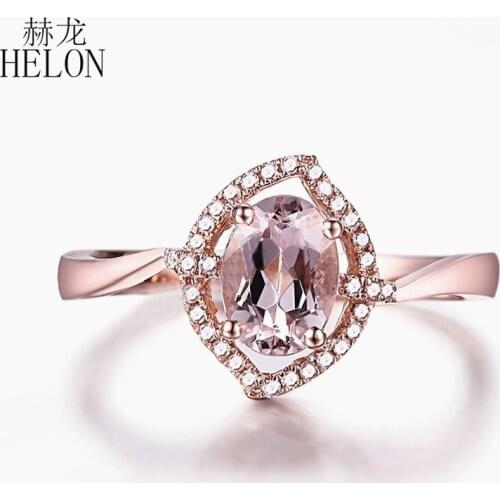 HELON Solid 14k Rose Gold Flawless Oval 7x5mm Natural Morganite Halo Diamond Engagement Wedding Fine Jewelry Gemstone Ring