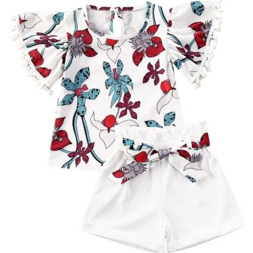 6M-6Y Toddler Newborn Baby Kid Girls Flower Clothes Set Pom Pom T shirt Shrots Outfits Summer Children Costumes