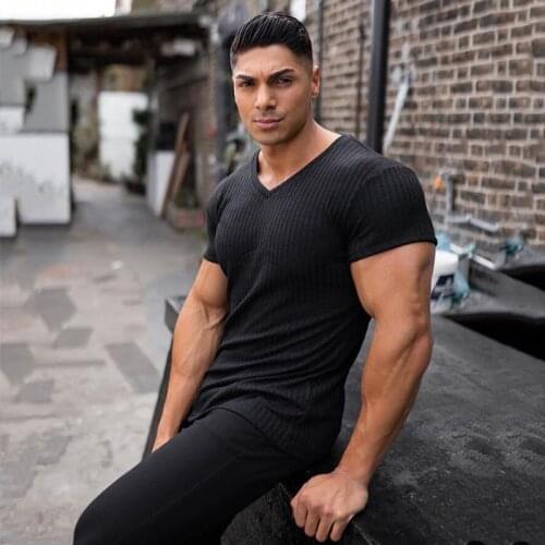 Summer Running V Neck Short Sleeve Knitted T shirt Men Gym T-shirt Sports Slim Fit T-Shirt Fitness Bodybuilding Workout Clothing