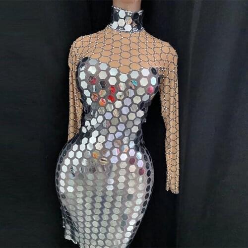 Fashion mesh Sequin dress long sleeve sexy bodycon dress Party nightclub bar Stage birthday Women Dance Performance Costume Show