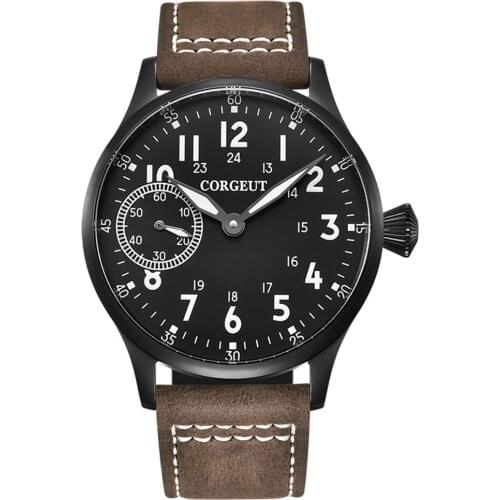 Corgeut 44mm Mens Watch Leather Straps Luxury Brand Luminous Waterproof Mechanical Hand Winding Watch Wrist Man Gifts for Men