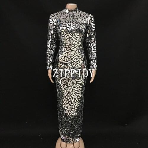New Sparkly Mirrors Rhinestones Long Dress Women Evening Celebrate Sequins Dresses Costume Prom Celebrate Black Dresses